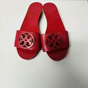 Tory Burch Bombe Miller Slides Sandals Red Flat Mules 6.5 Logo Leather Shoes